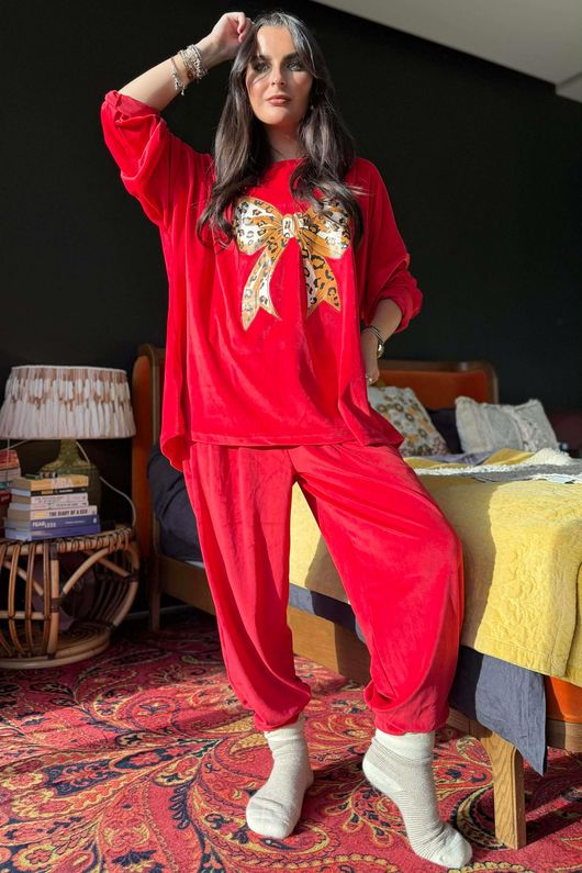 Binky Bow Soft Stretch Velour Lounge Suit Ruby